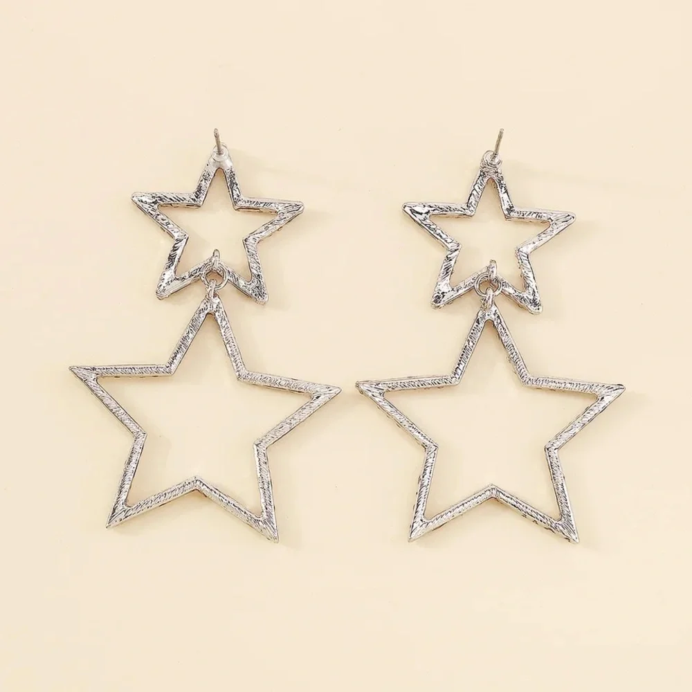 NWT Silver Rhinestone Double Star Statement Drop Earrings